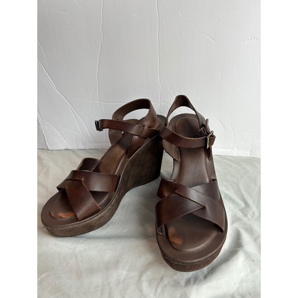 Kork-Ease Brown Leather Platform Wedge Sandals Suede Wrap Boho Retro Womens 8 - Picture 11 of 16